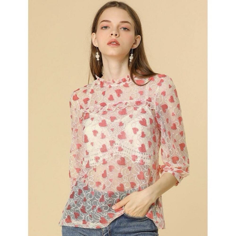 Fairy Heart Ruffle Mock Neck Sheer Mesh Lace Top Sz XL Cottage Prairie Romantic